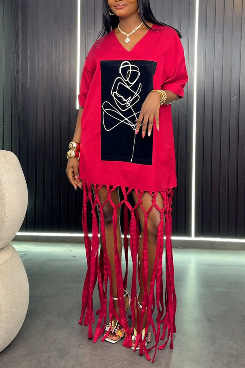 Women V Neck Abstract Line Figure Print Mesh Fringe Long T Shirt Dress