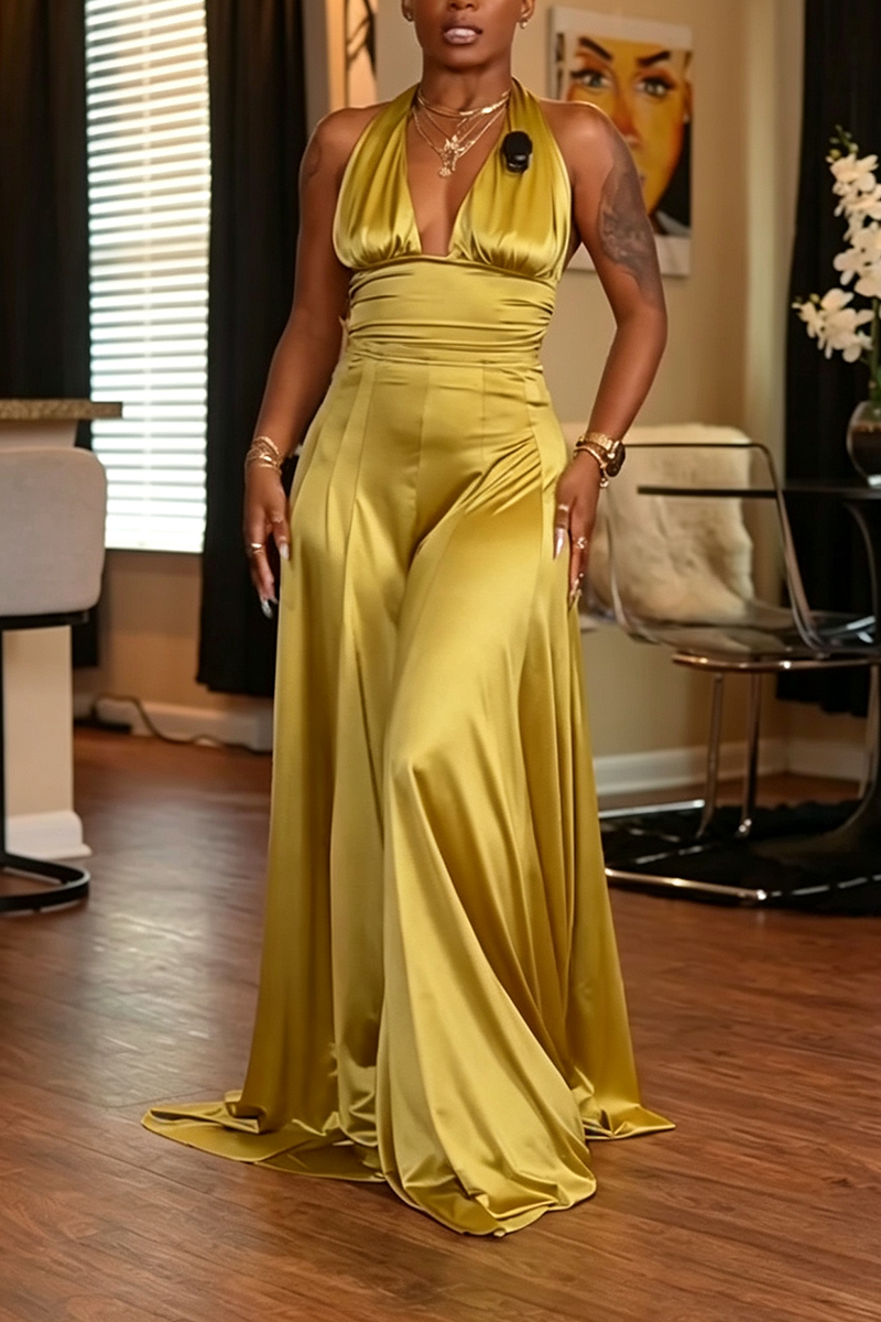 Women's Elegant Satin V-Neck Wide-Leg Jumpsuit