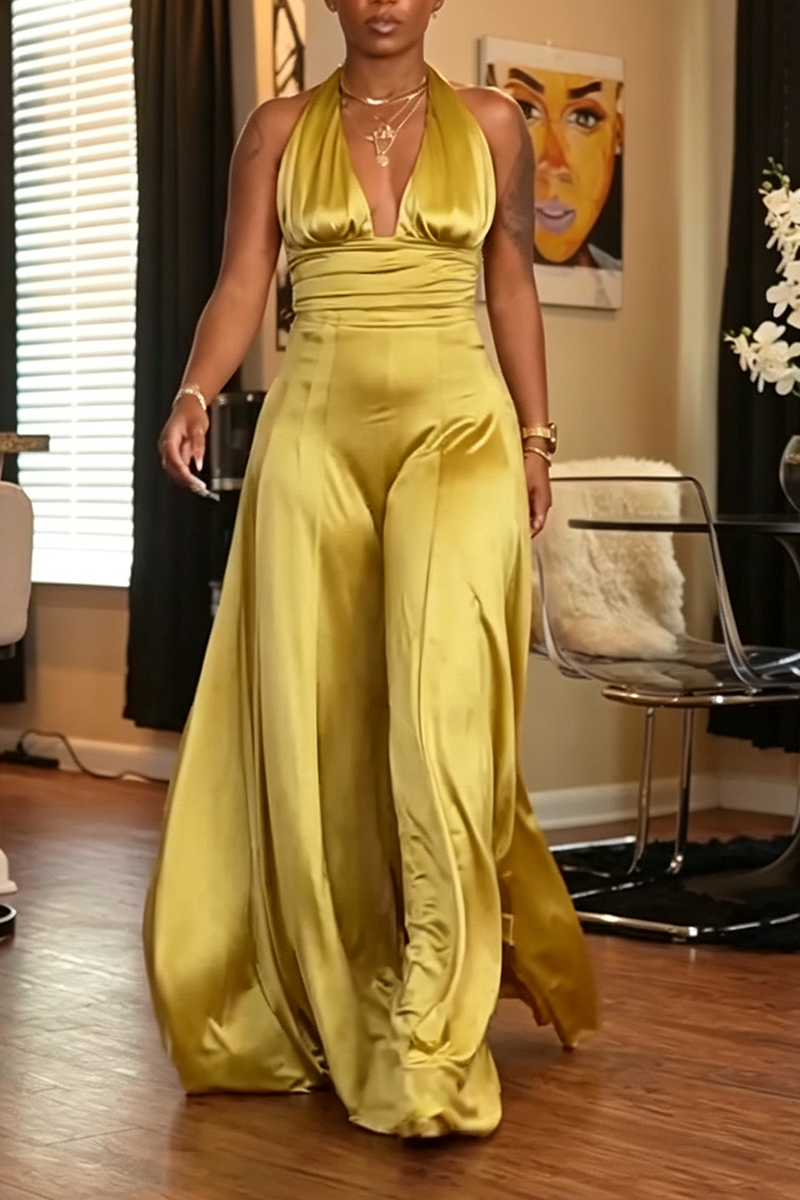 Women's Elegant Satin V-Neck Wide-Leg Jumpsuit