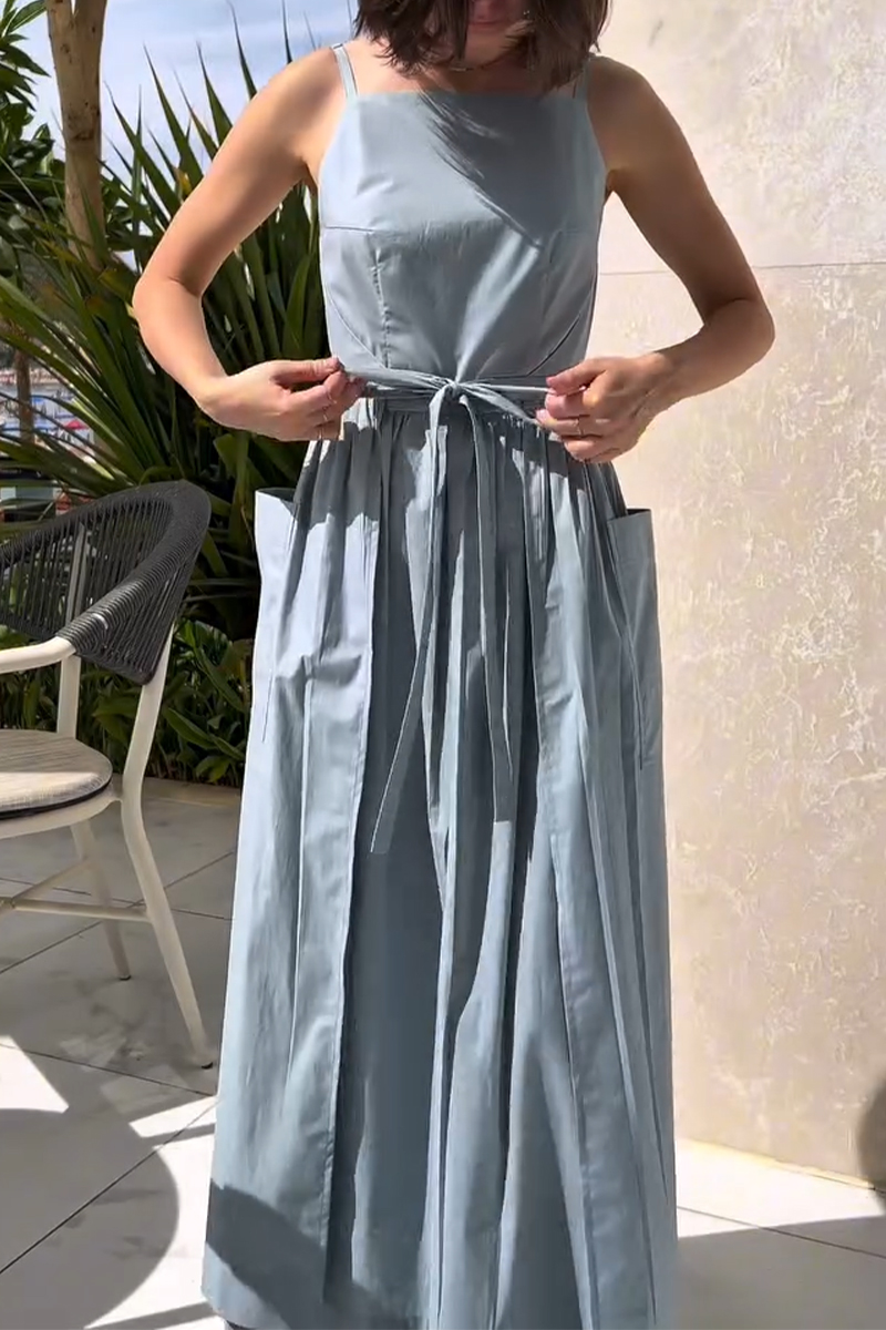 Women's Suspender Patchwork Waist Cinching Solid Color Casual Dress