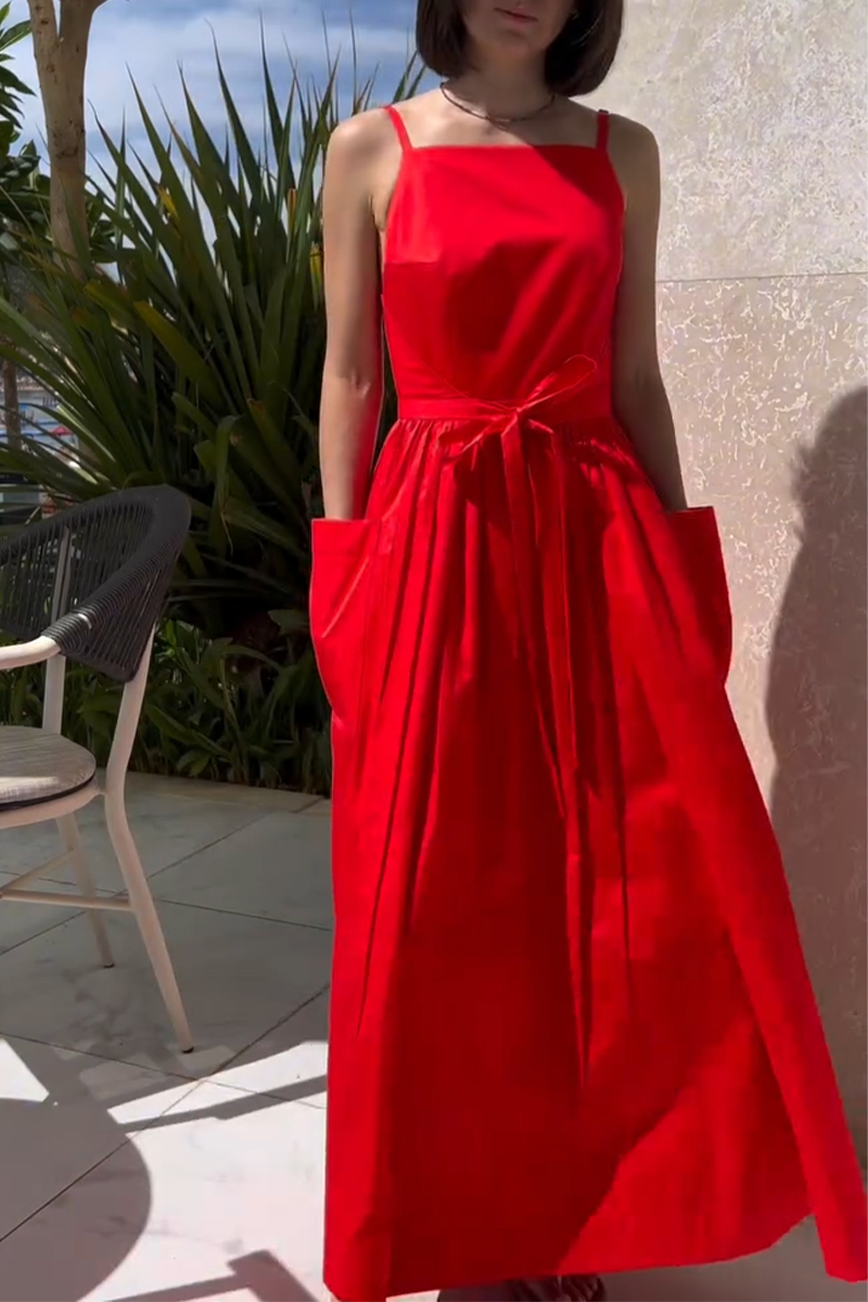 Women's Suspender Patchwork Waist Cinching Solid Color Casual Dress