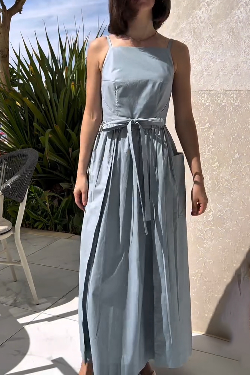 Women's Suspender Patchwork Waist Cinching Solid Color Casual Dress