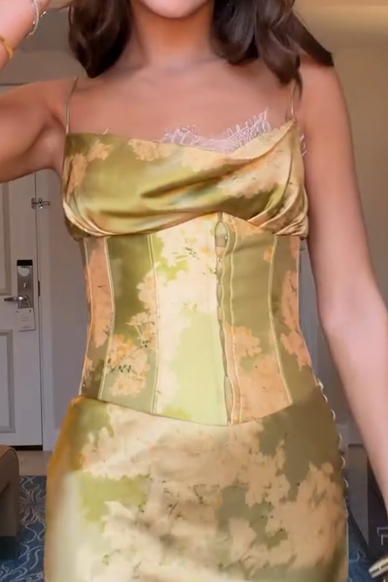 Women's Elegant Suspender Printed Satin Dress or Printed Waistband