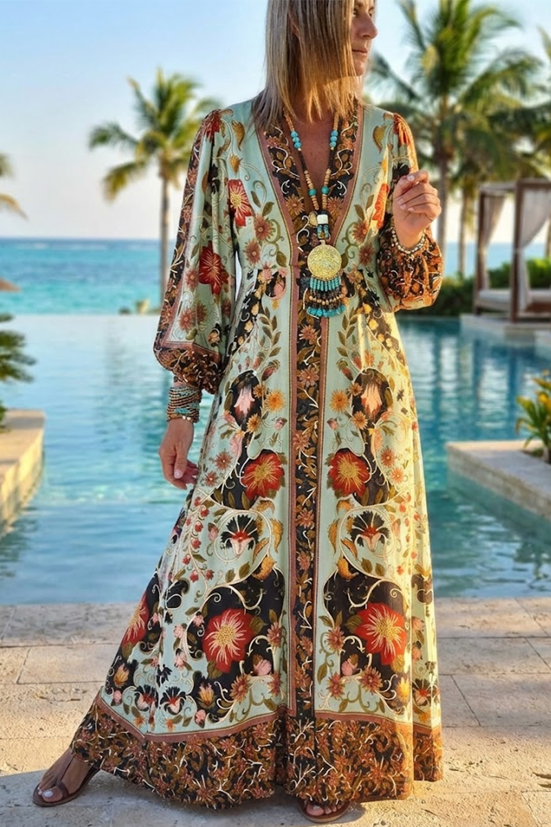 Women Summer V-neck Long-sleeved Printed Maxi Dress