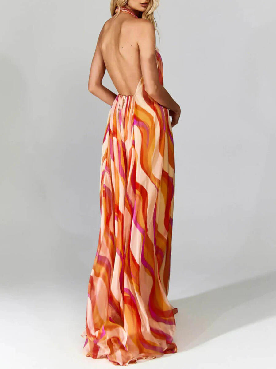 Women Neck Hanging Sleeveless Wavy Print Elegant Temperament Maxi Dress