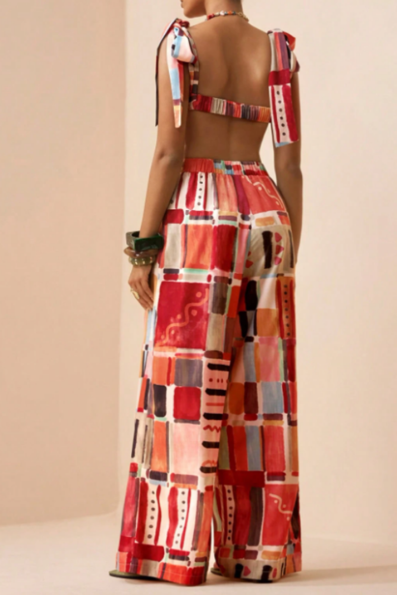Women's 2pcs Set Casual Vacation Bow Strap Bandeau Crop Top + Extra Long Wide Leg Pants Printed Fabric