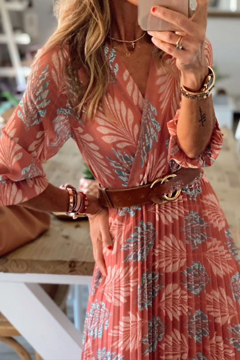 Women's V-neck Pleated Printed Resort Dress