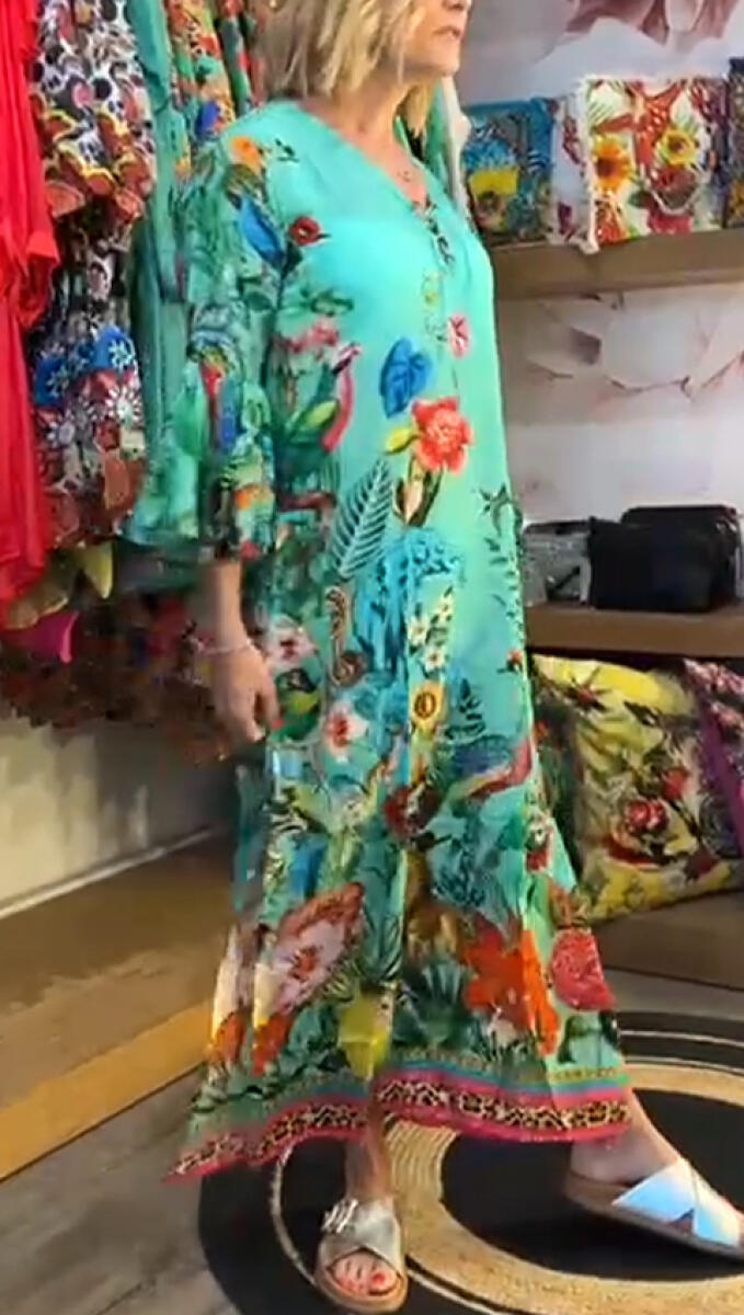 Women V-neck Elbow-length Sleeve Printed Casual Maxi Dress