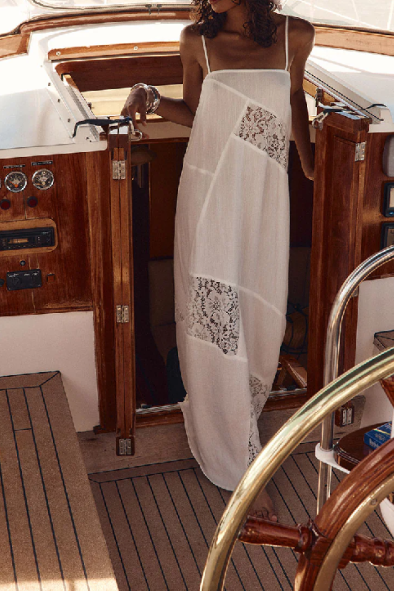 Women's Long Spaghetti-Strap Dress with Cutout Lace Paneling