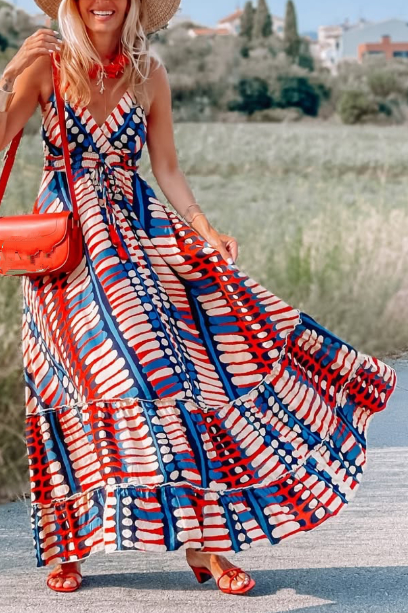 Women's V-neck Patchwork Tie-up Vacation Dress