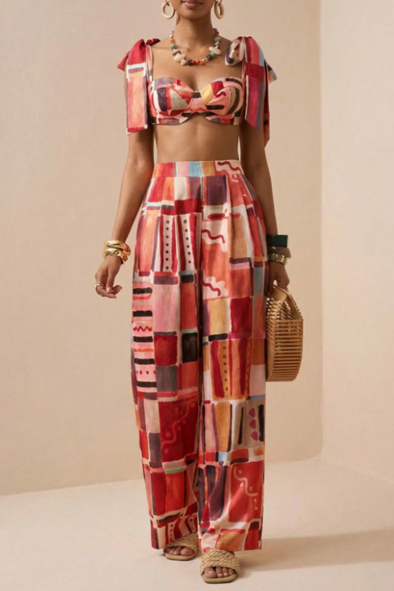 Women's 2pcs Set Casual Vacation Bow Strap Bandeau Crop Top + Extra Long Wide Leg Pants Printed Fabric