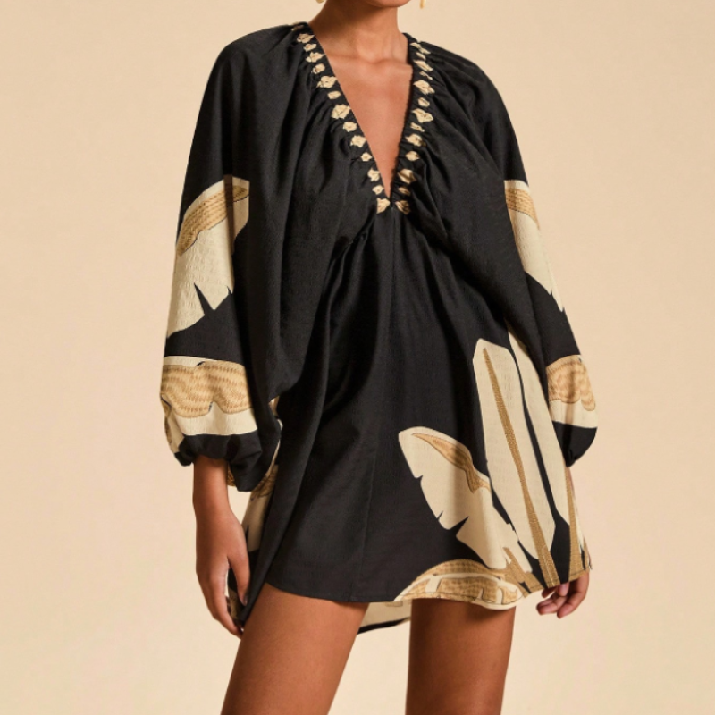 Women's Vacation Printed V-Neck Long Sleeve Mini Dress