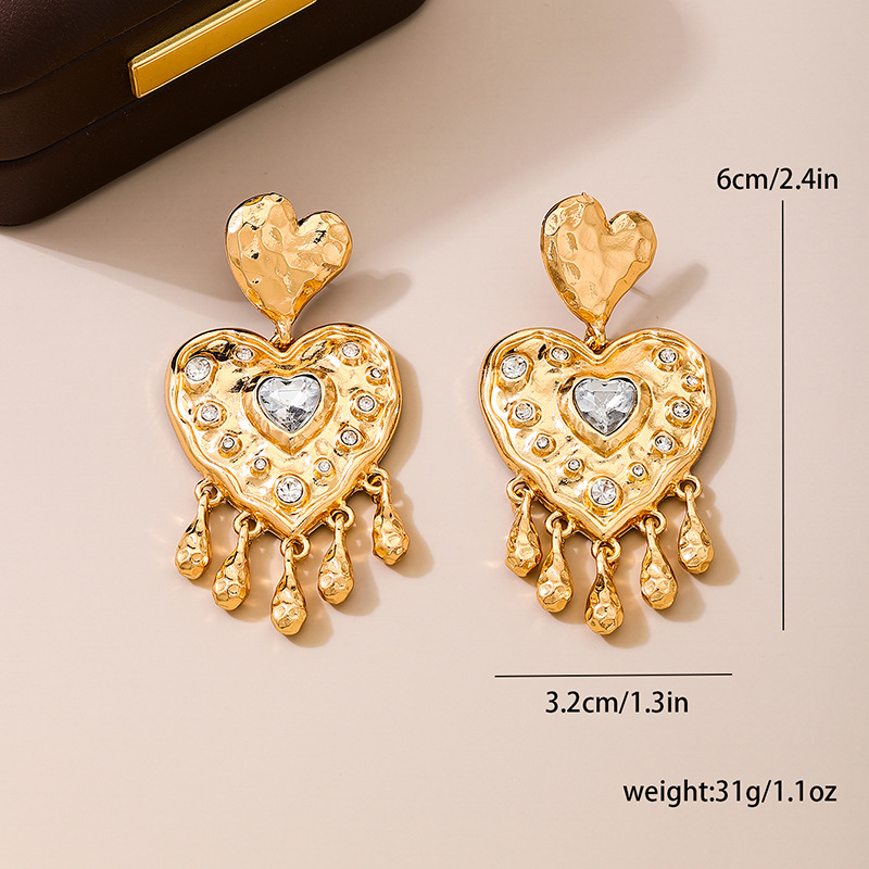 Metal Heart Tassel Studded Diamond Earrings for Women