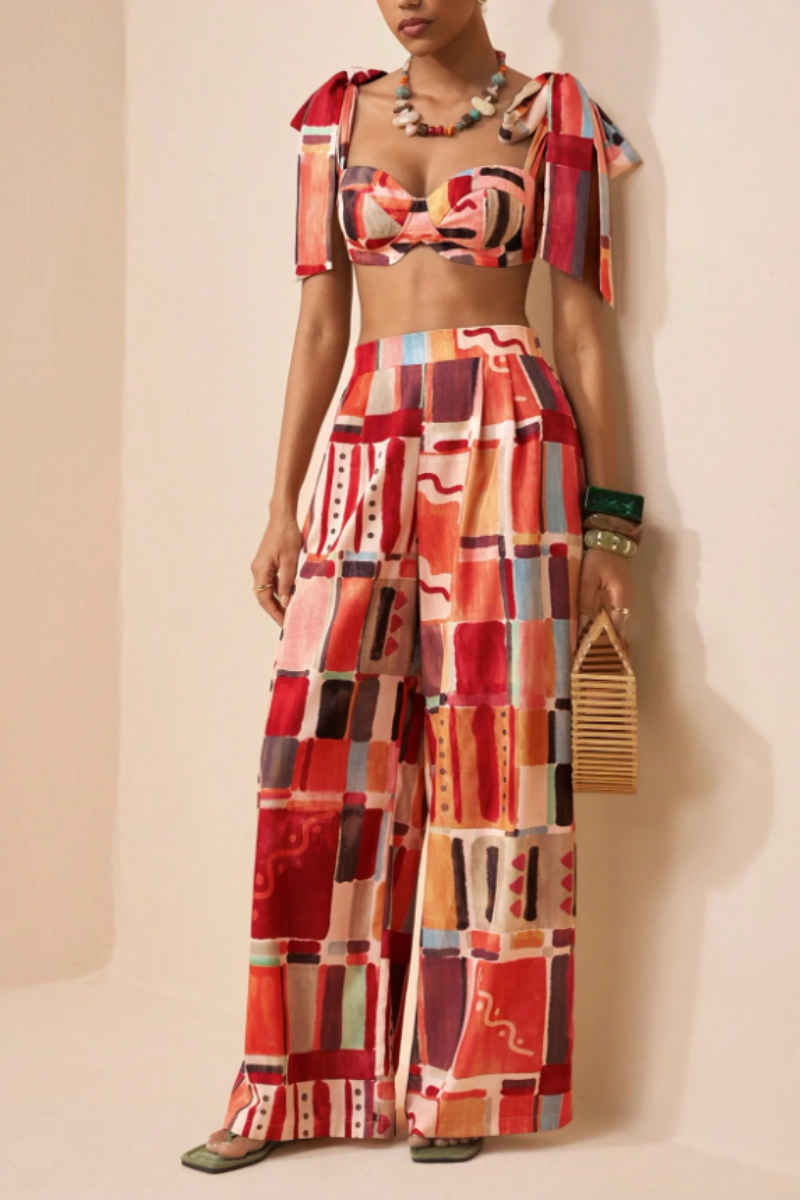 Women's 2pcs Set Casual Vacation Bow Strap Bandeau Crop Top + Extra Long Wide Leg Pants Printed Fabric