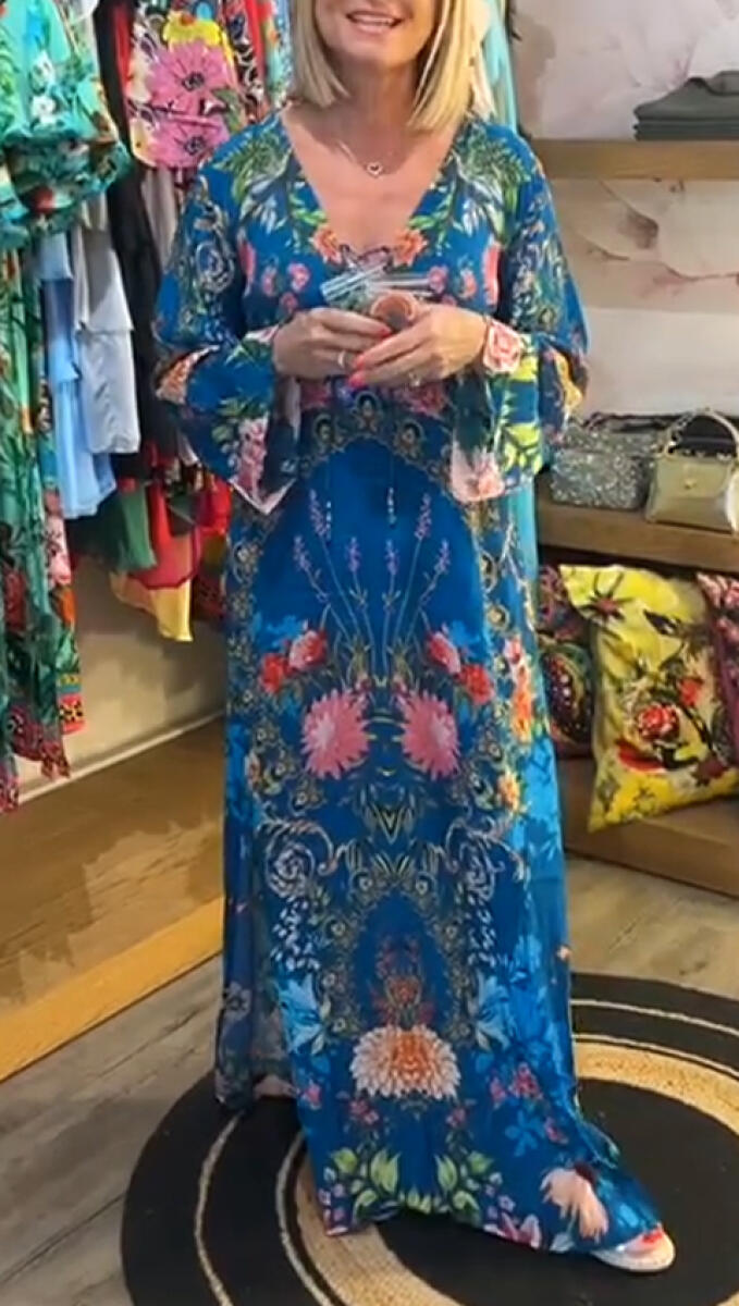 Women V-neck Long-sleeved Printed Casual Maxi Dress