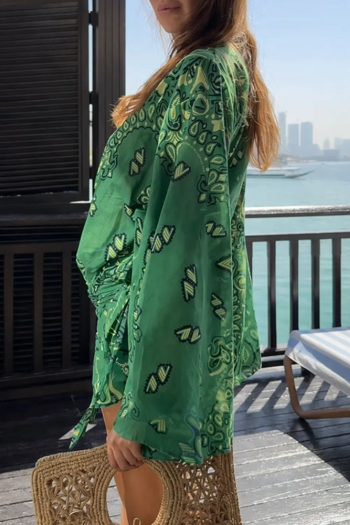 Women V-neck Long Sleeves Printed Casual Vacation Style Dress