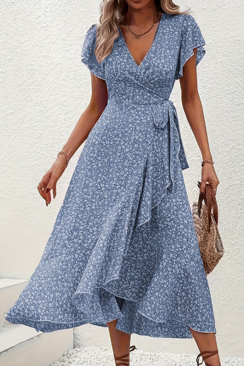 Women's Romantic Floral Print Tie-Waist Short-Sleeve Bohemian Midi Dress