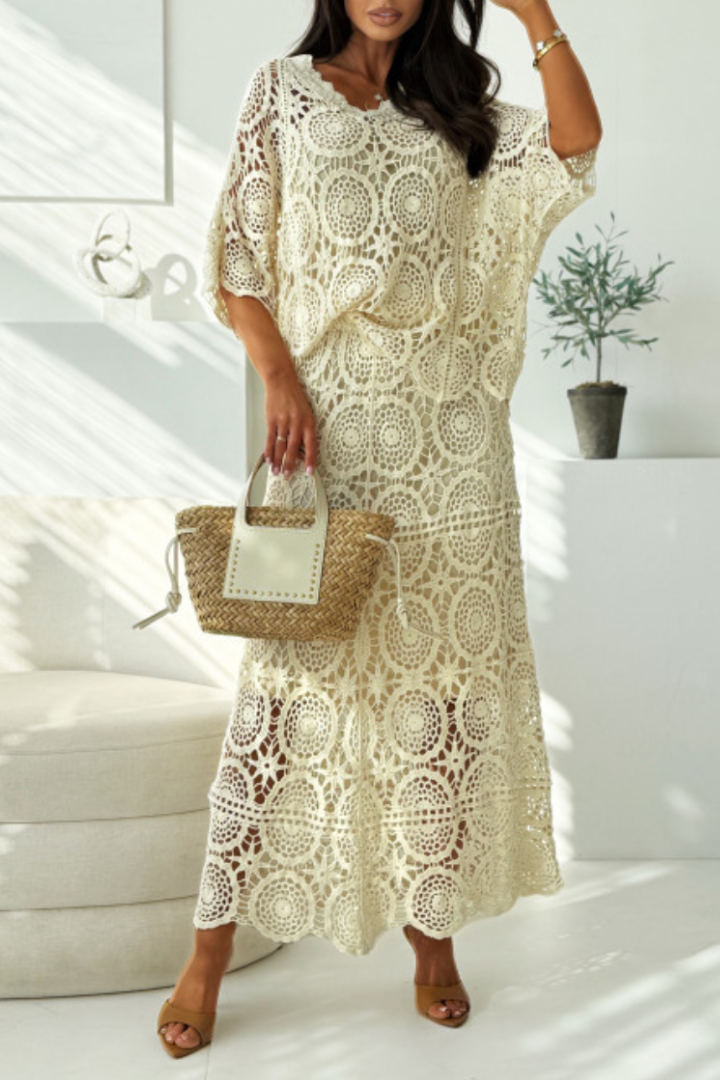 Women Round Neck Pattern Hollowed Out Top + Half Skirt Elegant Casual Set