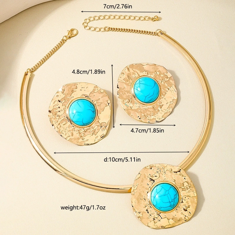 Metal Geometric Circular Turquoise Earrings and Necklace Jewelry Set