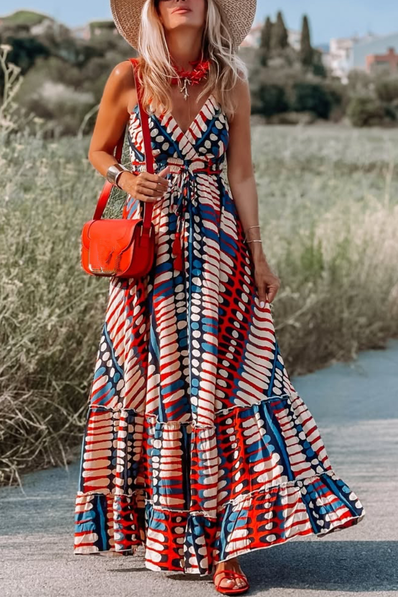 Women's V-neck Patchwork Tie-up Vacation Dress