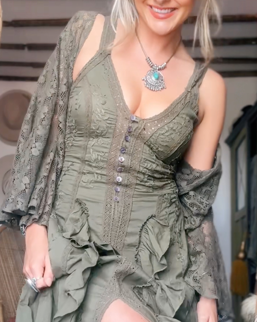 Women's V-neck Slit Dress + Cardigan Retro Set