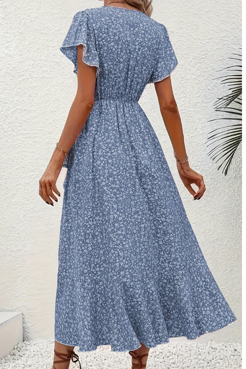 Women's Romantic Floral Print Tie-Waist Short-Sleeve Bohemian Midi Dress