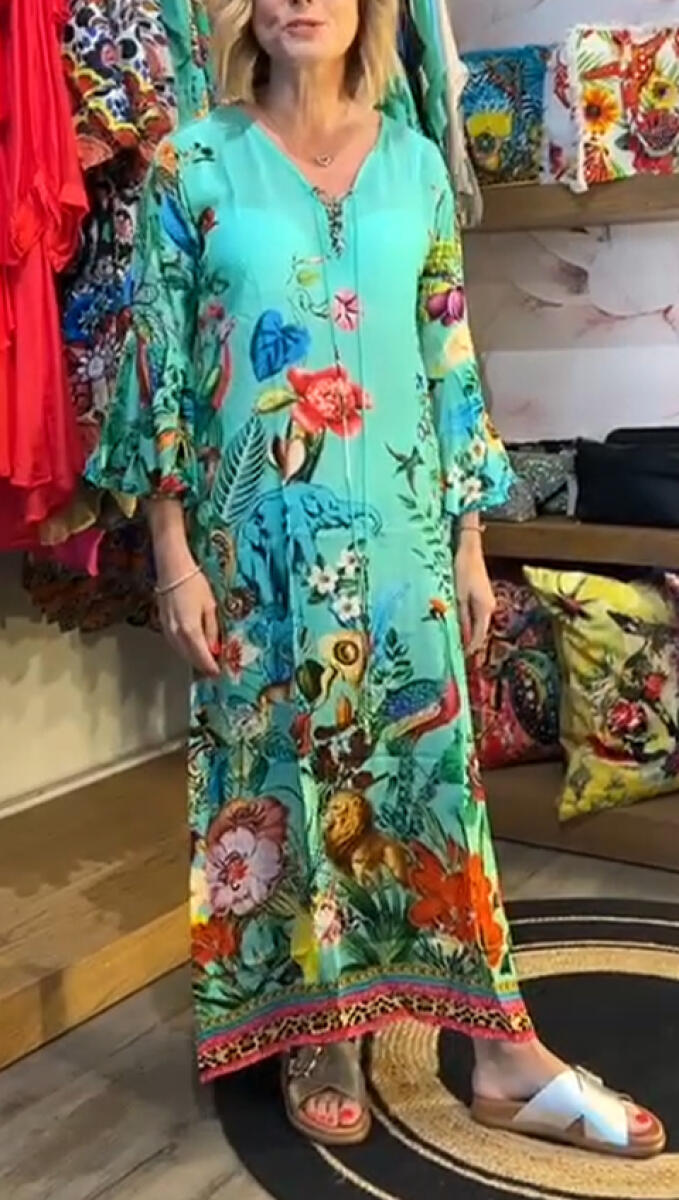 Women V-neck Elbow-length Sleeve Printed Casual Maxi Dress