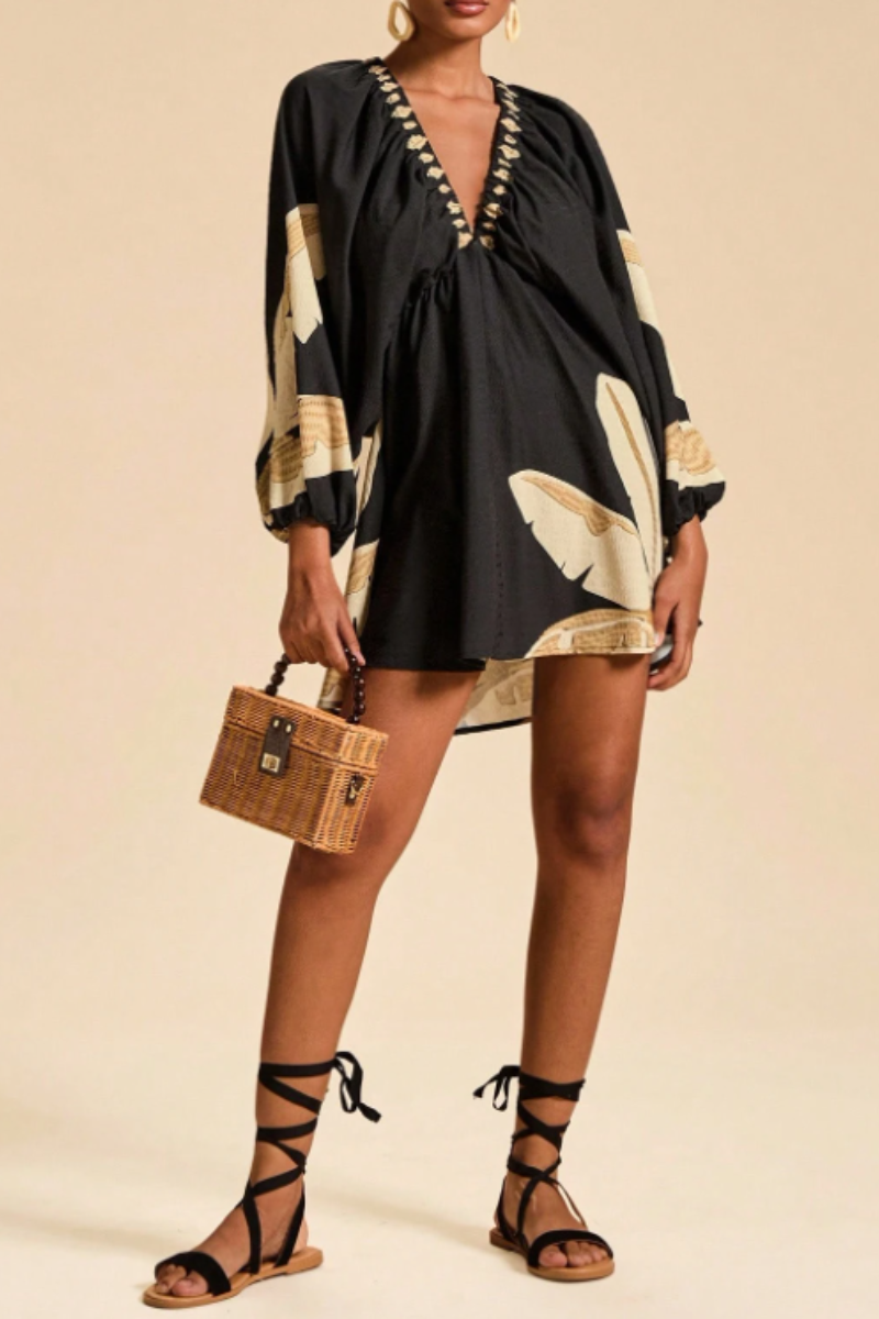 Women's Vacation Printed V-Neck Long Sleeve Mini Dress