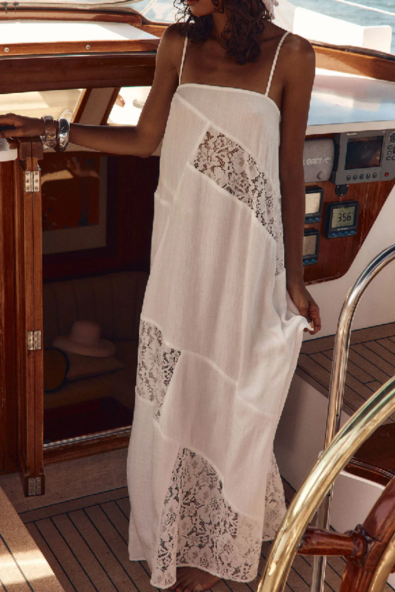 Women's Long Spaghetti-Strap Dress with Cutout Lace Paneling