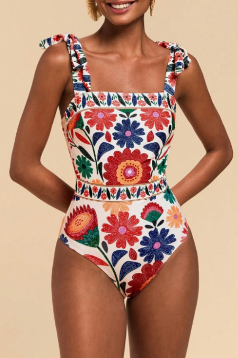 Women's Retro Square Neck Sleeveless Fitted One-Piece Swimsuit