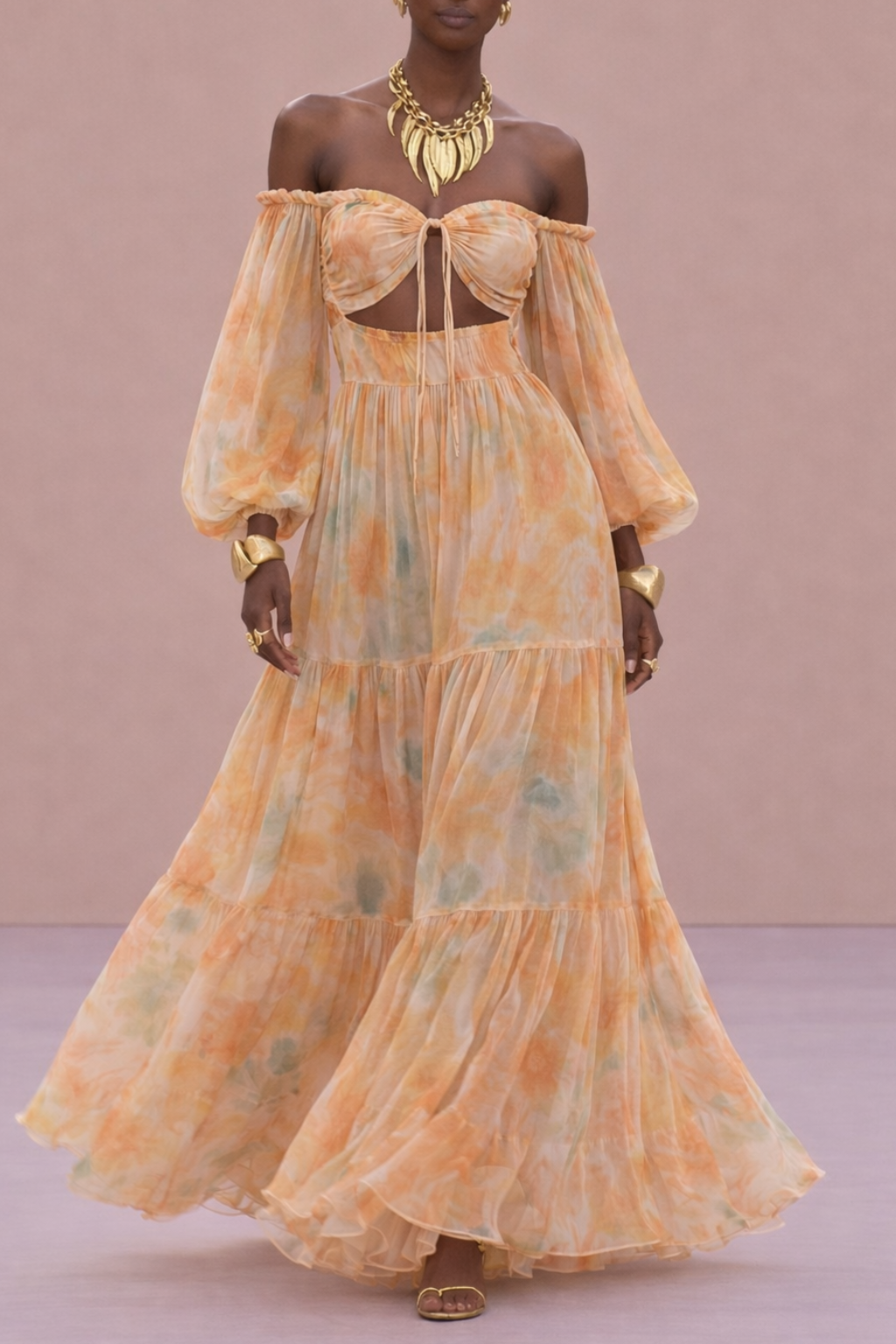 Women's Hollow-out Lantern Sleeve Patchwork Resort Dress