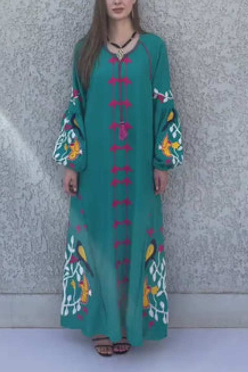 Womens Round Neck Long Sleeved Embroidered Pattern Elegant Casual Maxi Dress