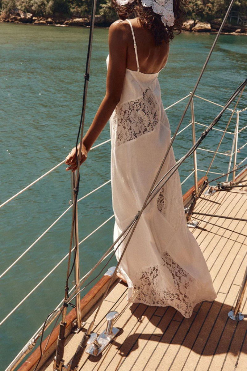 Women's Long Spaghetti-Strap Dress with Cutout Lace Paneling