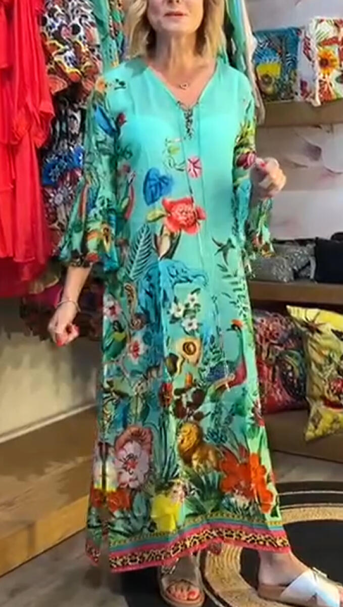 Women V-neck Elbow-length Sleeve Printed Casual Maxi Dress