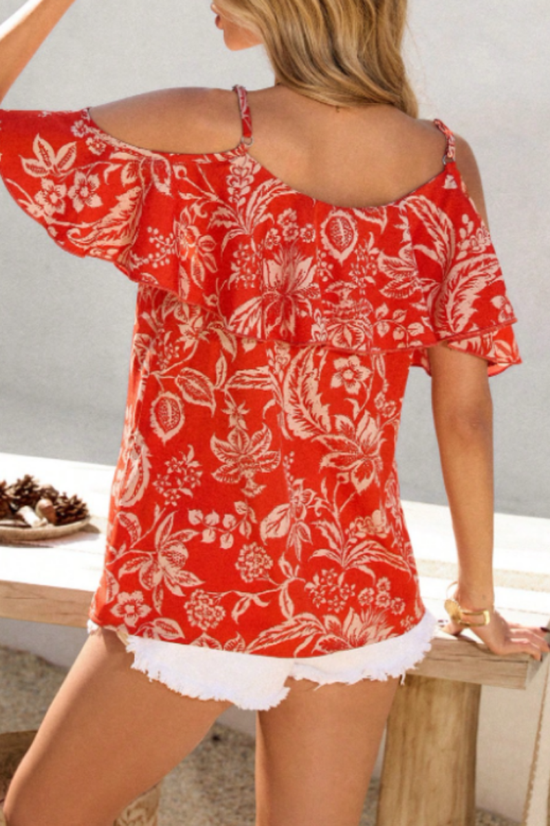 Women's floral print casual shirt with ruffled hem, perfect for summer.