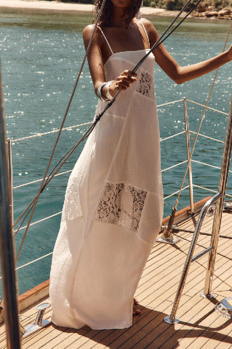 Women's Long Spaghetti-Strap Dress with Cutout Lace Paneling