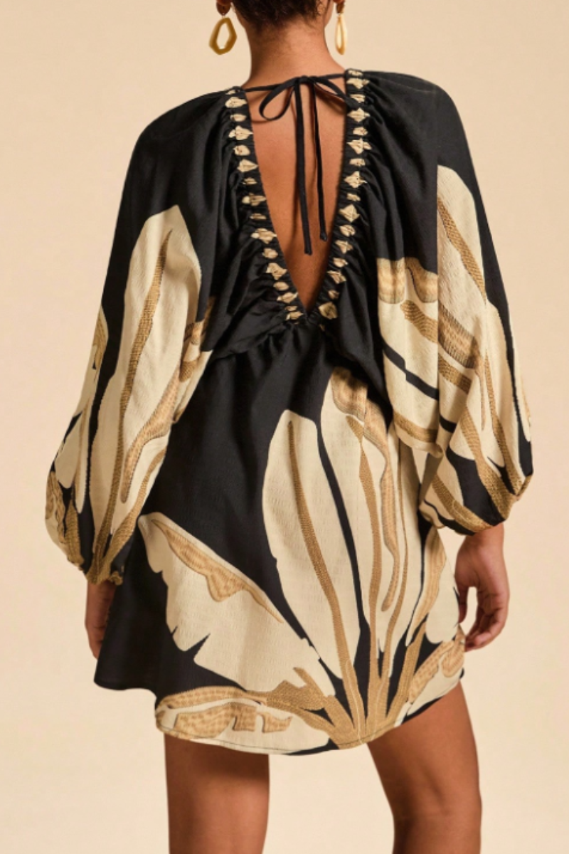 Women's Vacation Printed V-Neck Long Sleeve Mini Dress