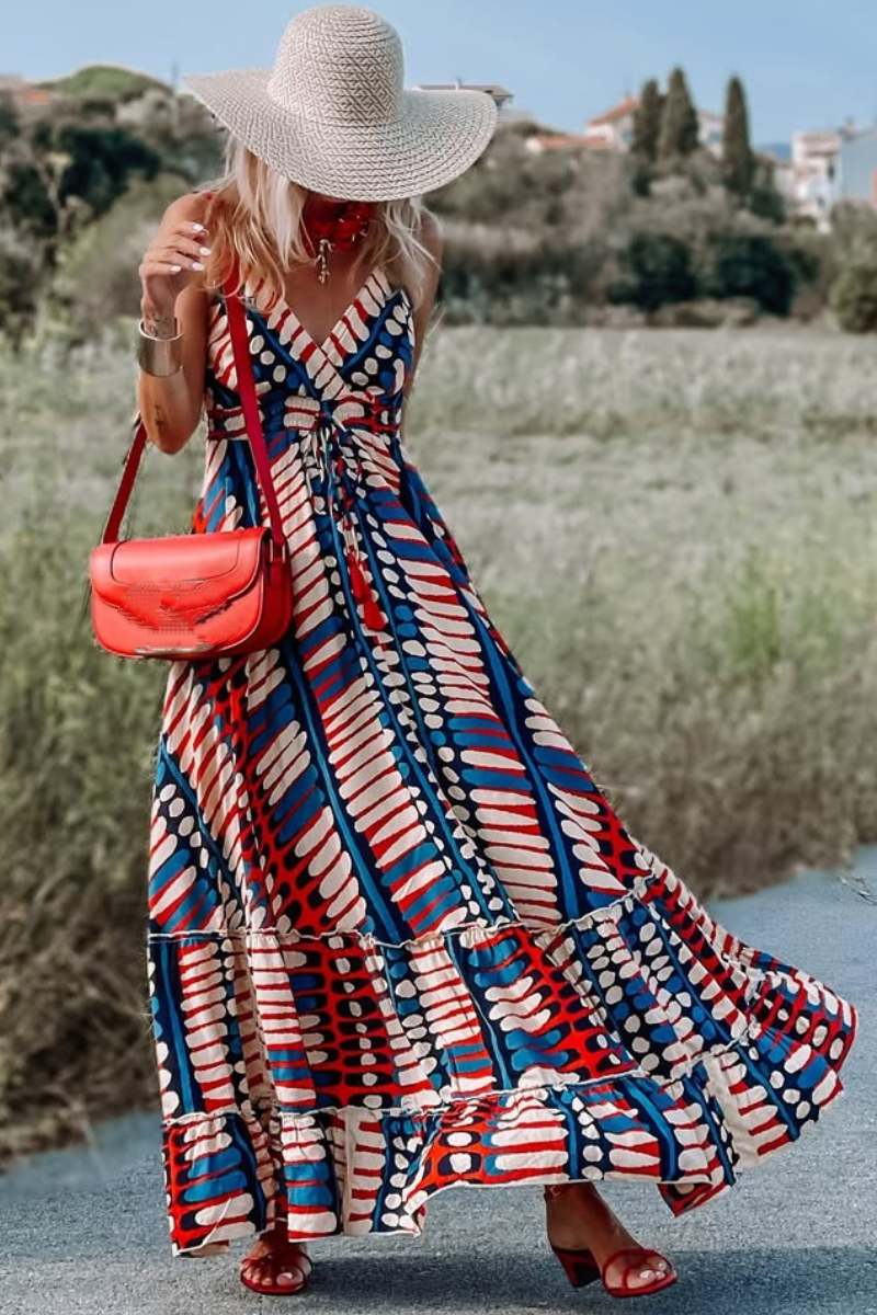 Women's V-neck Patchwork Tie-up Vacation Dress