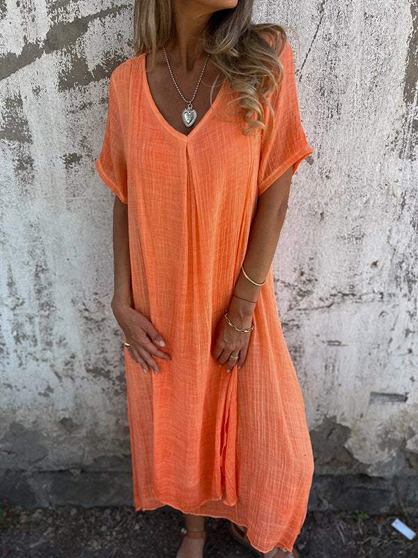 Cotton and Linen V-neck Midi Dress