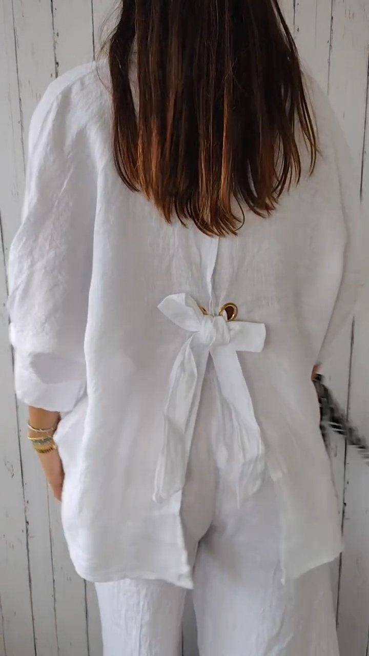 Women Cotton and Linen Tie Back Design Shirt