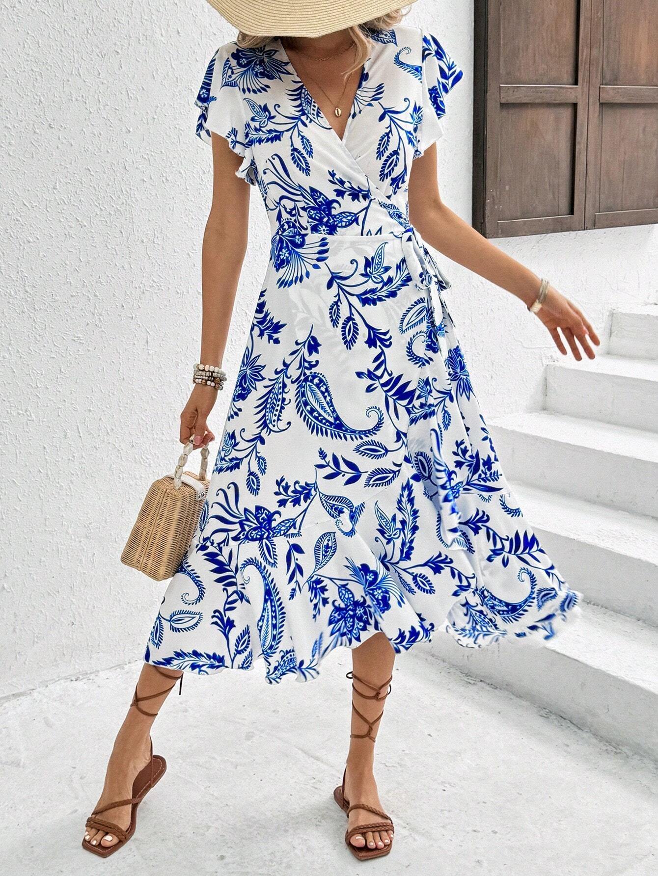 Breezaya Women's Floral Printed Wrap Style Midi Dress Maxi Women Outfit