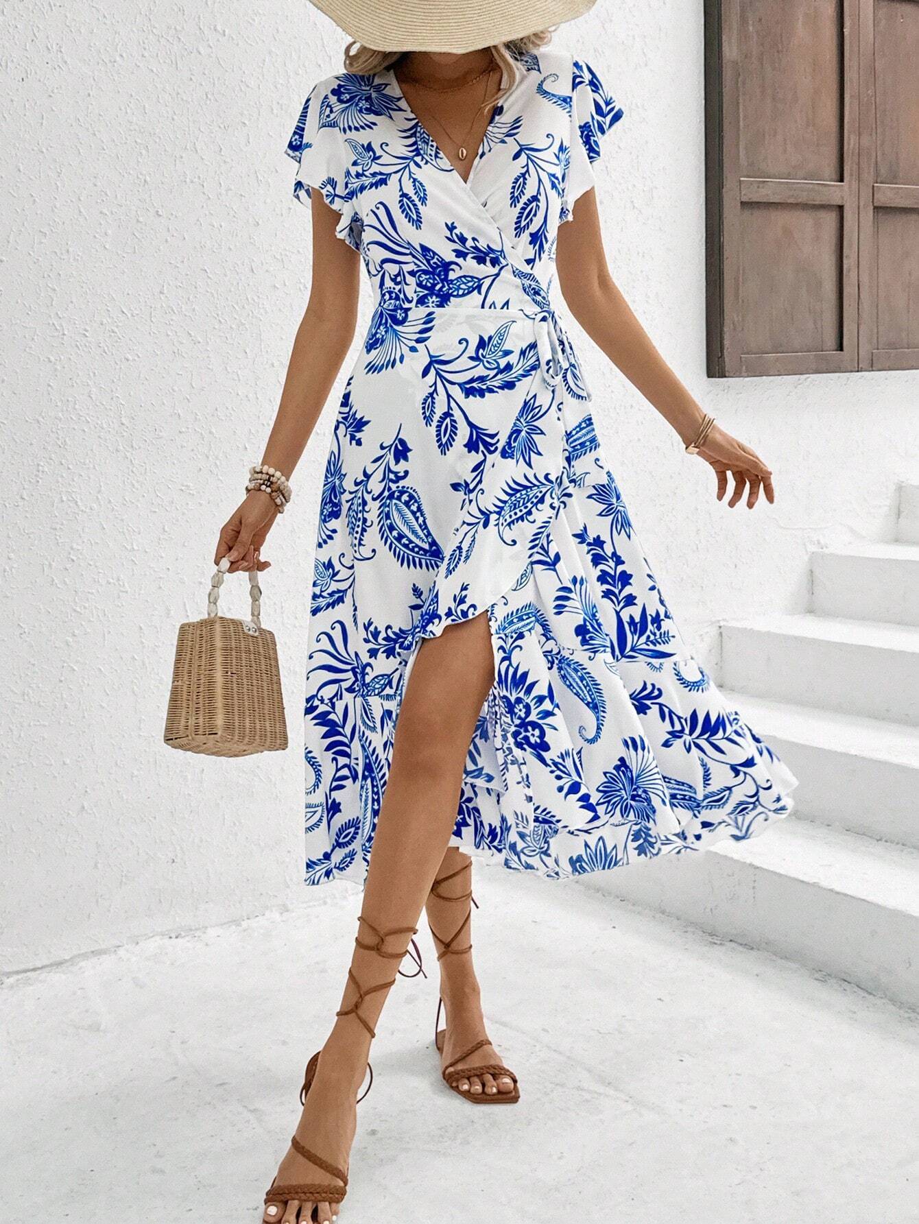 Breezaya Women's Floral Printed Wrap Style Midi Dress Maxi Women Outfit
