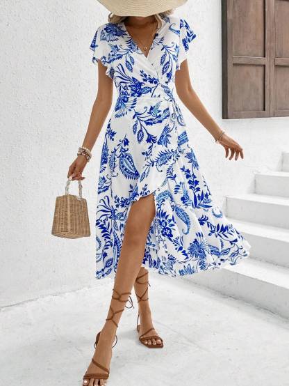 Breezaya Women's Floral Printed Wrap Style Midi Dress Maxi Women Outfit