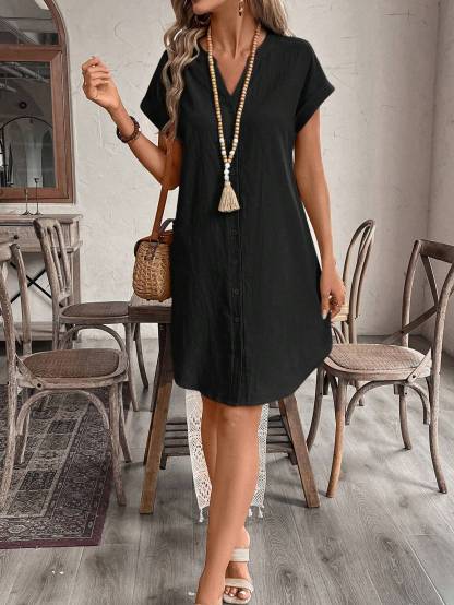 EMERY ROSE Women's V-Neck Button Closure Short Dress, Suitable For Spring And Summer,Black Dress For Women