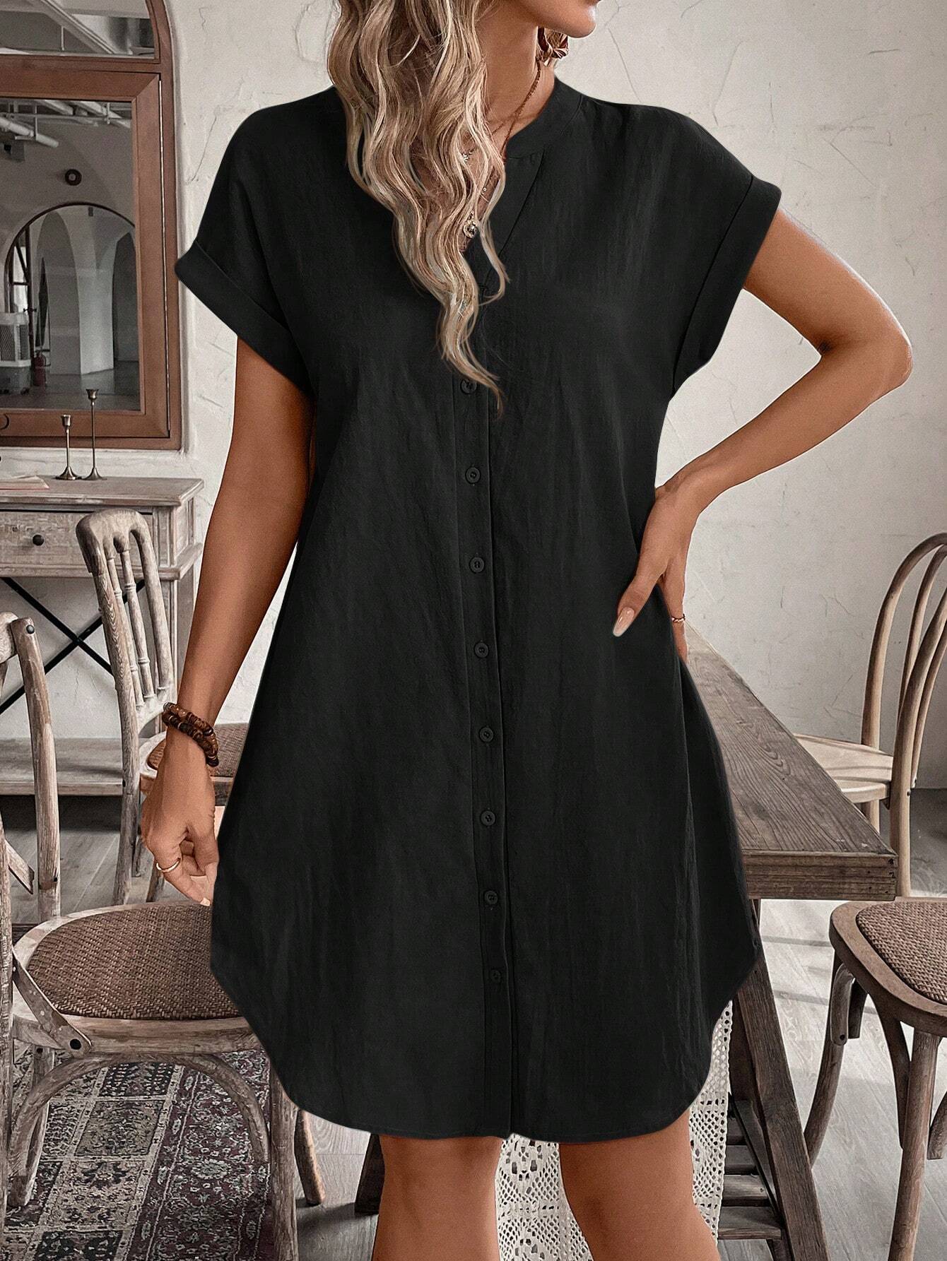 EMERY ROSE Women's V-Neck Button Closure Short Dress, Suitable For Spring And Summer,Black Dress For Women