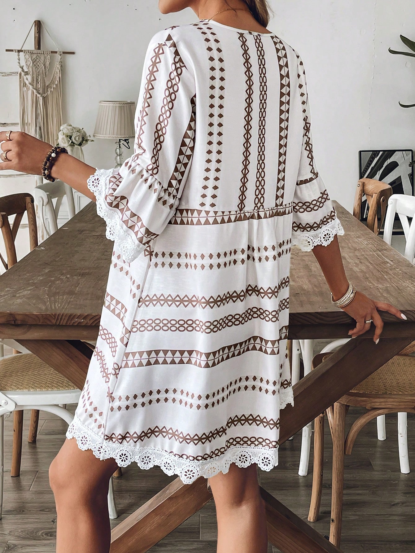 Breezaya Women Striped V-Neck Geometric Pattern Sexy Casual Vacation Khaki Long Sleeve Dress, Elegant For Party