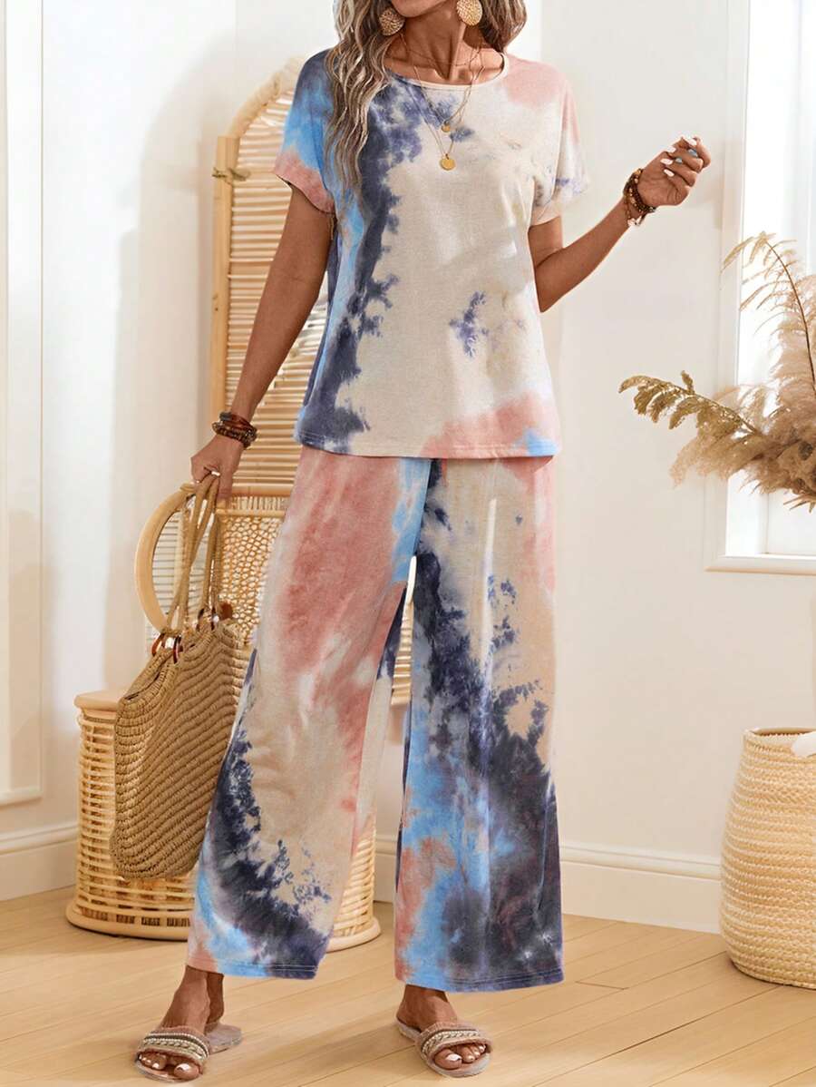 EMERY ROSE Women's Summer Tie Dye Printed Crew Neck Short Sleeve Top And Pants