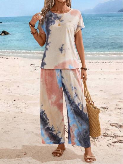 EMERY ROSE Women's Summer Tie Dye Printed Crew Neck Short Sleeve Top And Pants