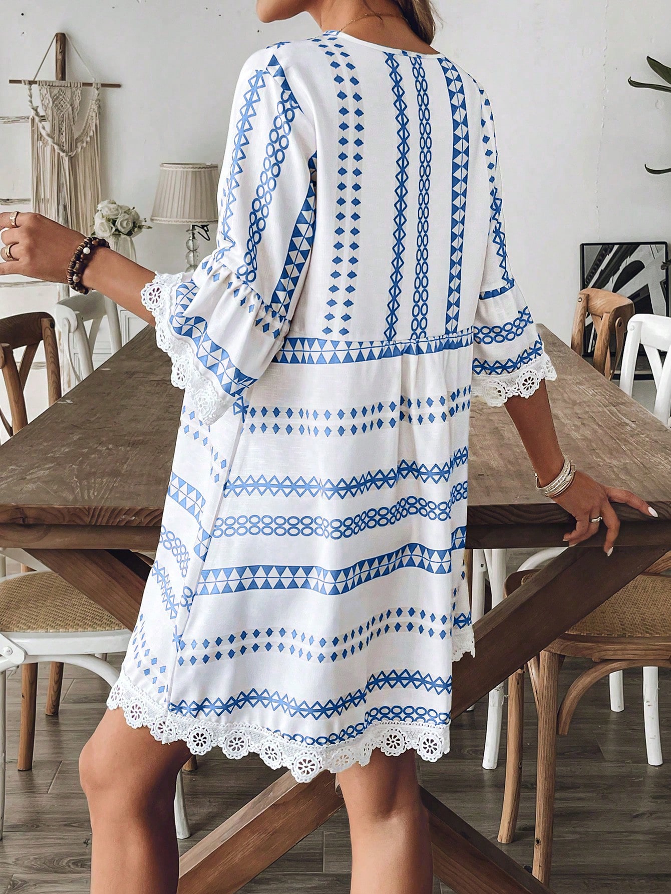 Breezaya Women Striped V-Neck Geometric Pattern Sexy Casual Vacation Khaki Long Sleeve Dress, Elegant For Party