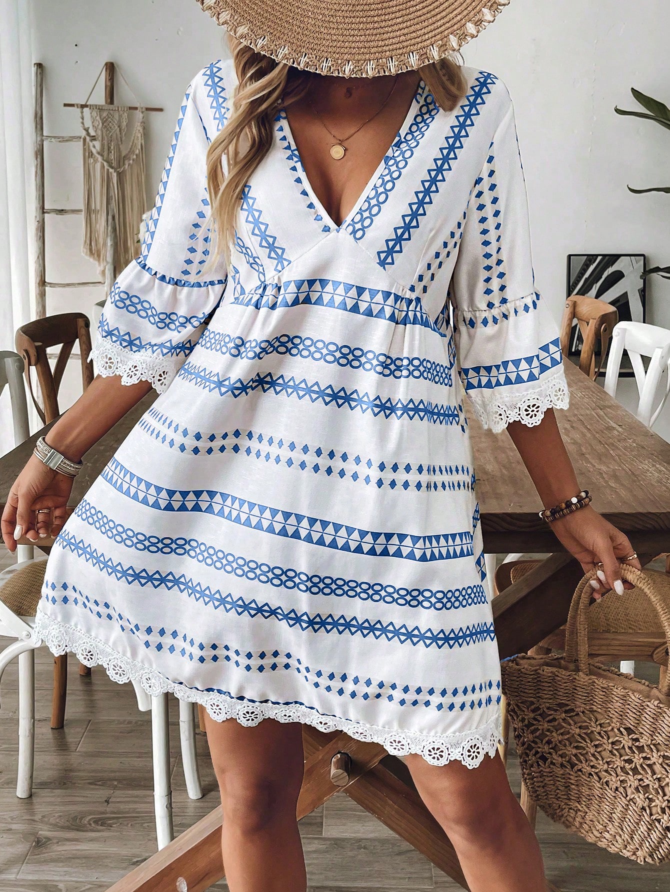Breezaya Women Striped V-Neck Geometric Pattern Sexy Casual Vacation Khaki Long Sleeve Dress, Elegant For Party